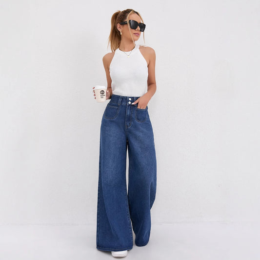 High-waisted wide-leg slimming dark blue jeans