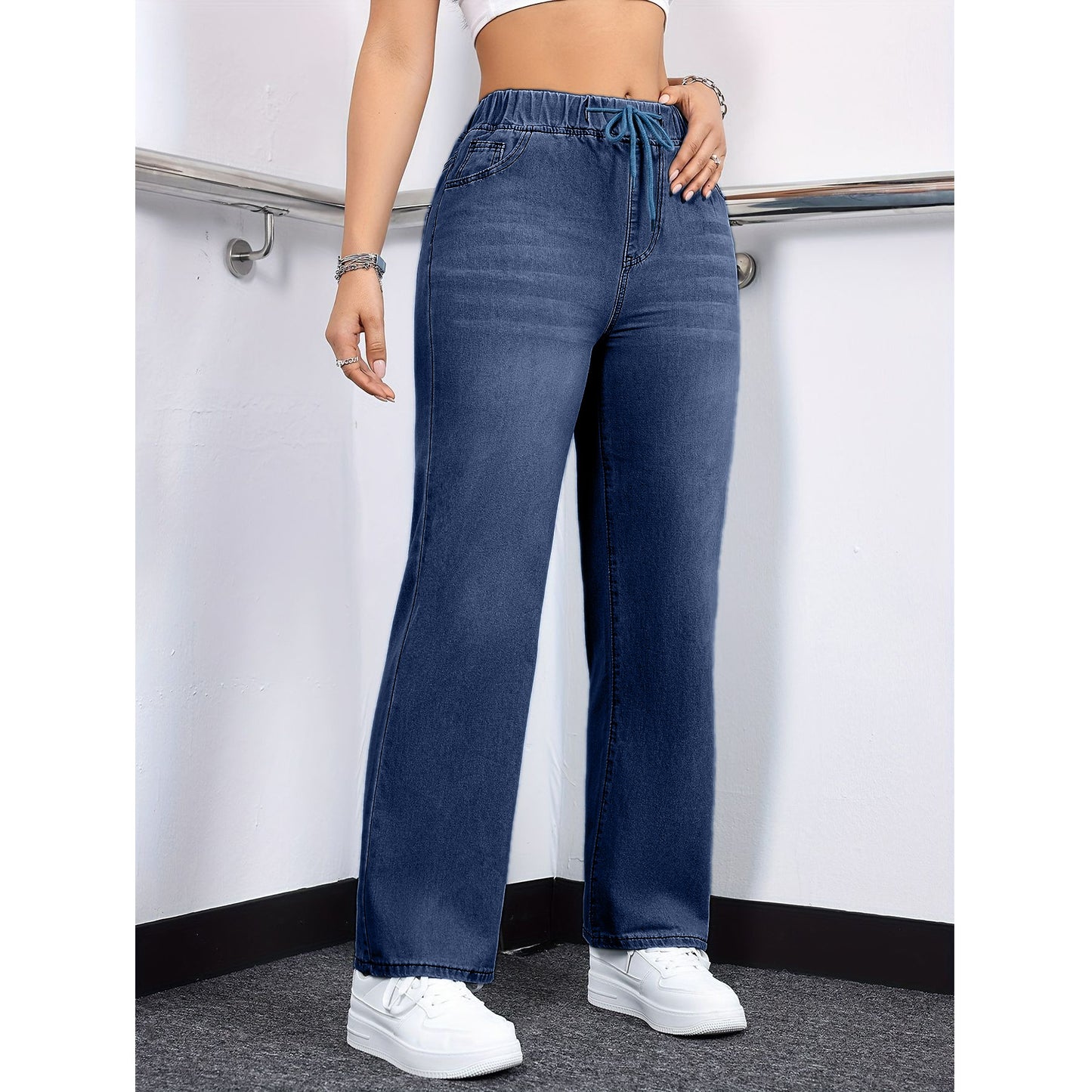Drawstring Elastic Straight-Leg Jeans