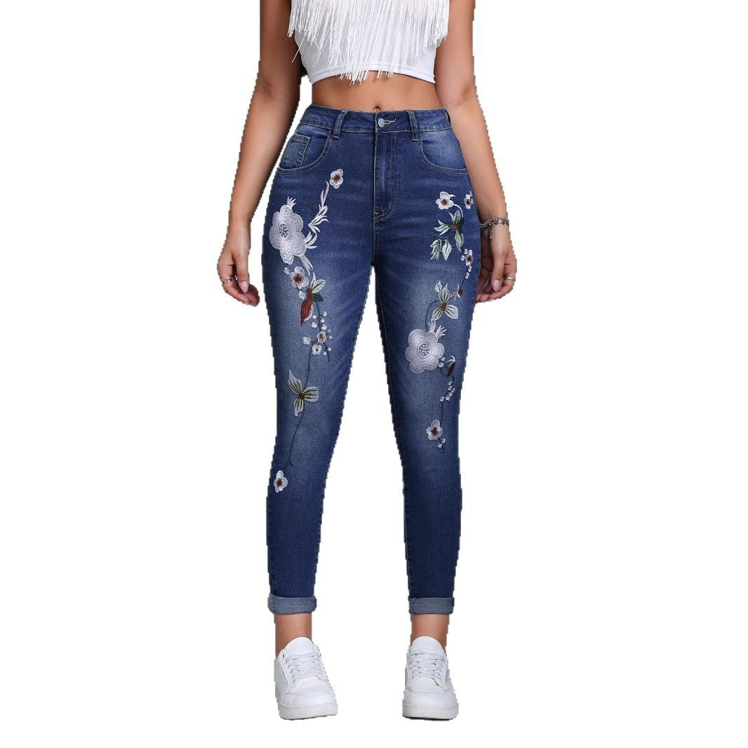 Low-Rise Stretch Slim-Fit Embroidered Jeans