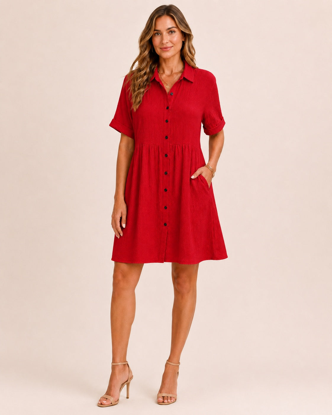 SALAZIA Babydoll Button-Front Short Sleeve Swing Dresses