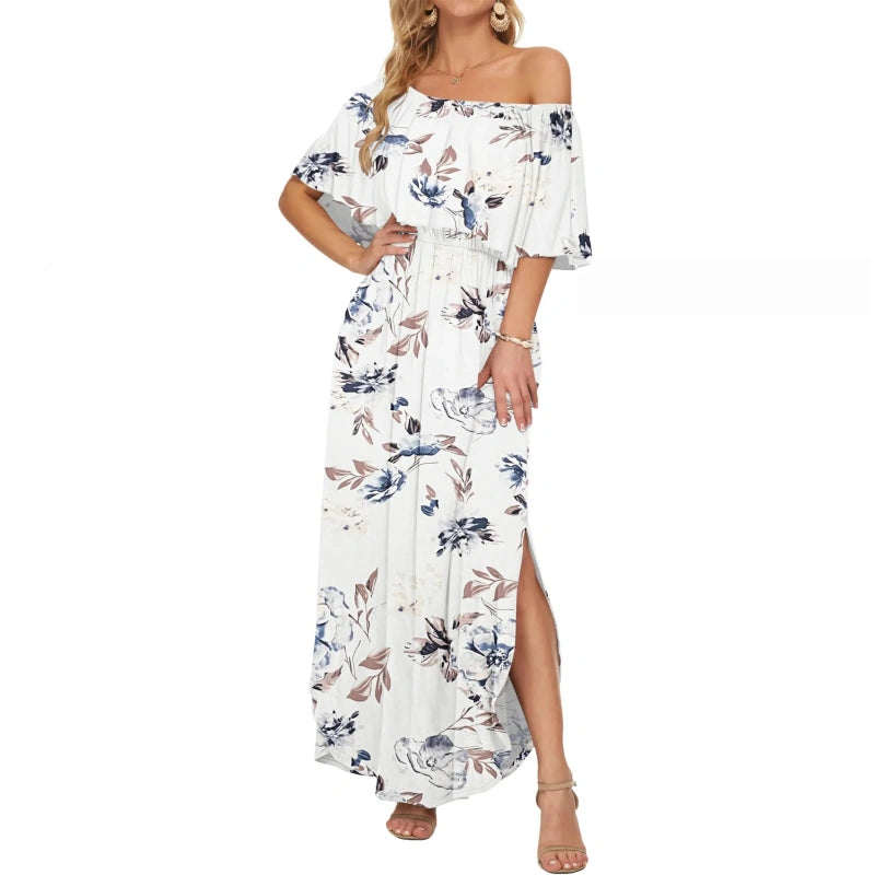 SALAZIA Plus Size Off-Shoulder Ruffle Side Split Maxi with Pockets Beach Dresses