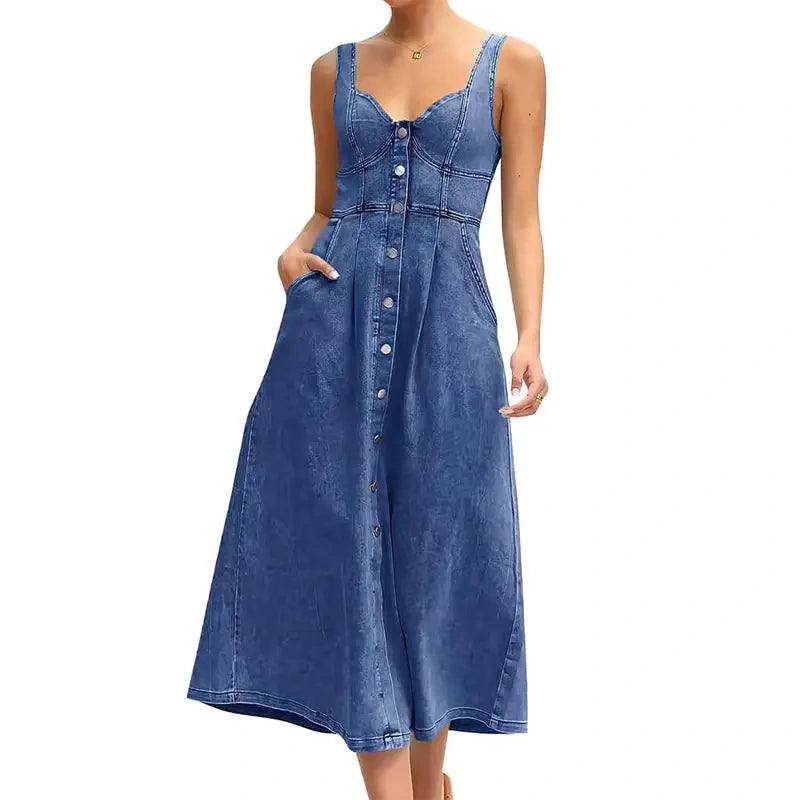 SALAZIA Sleeveless Denim Midi Button-Down Slim-Fit Dresses