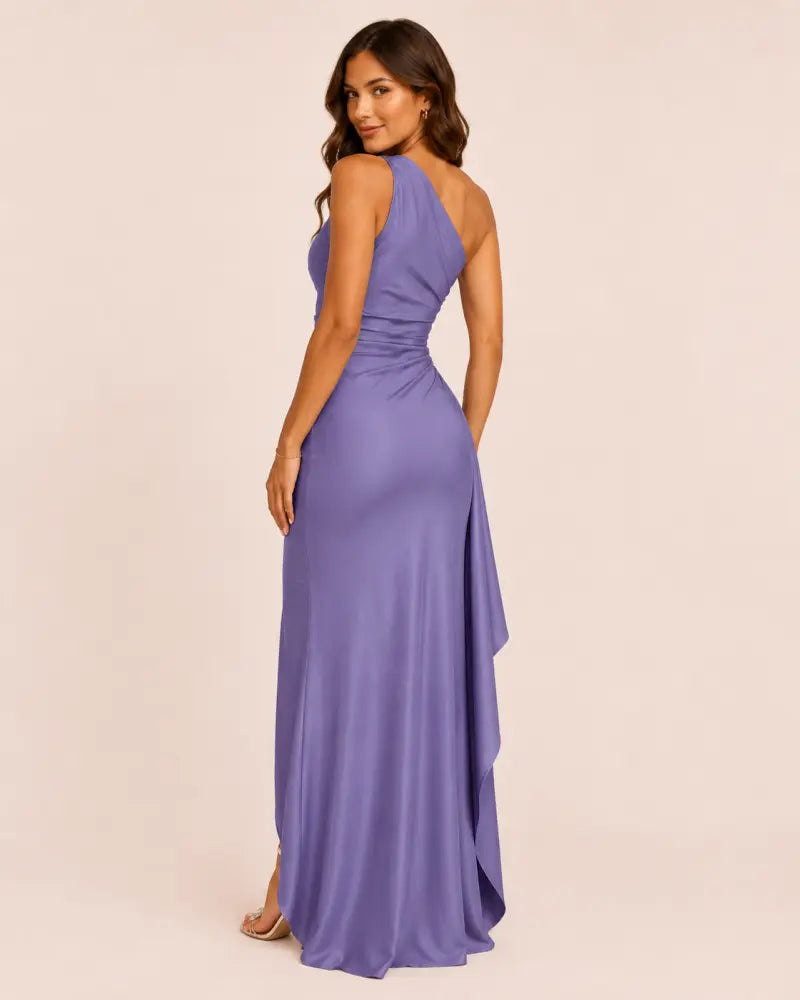 SALAZIA Women's One Shoulder Satin High Split Maxi Formal Dresses