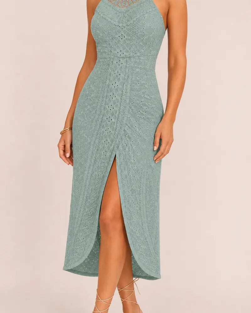 SALAZIA Women's Halter Hollow-out A-Line Front Slit Ruched Maxi Dresses