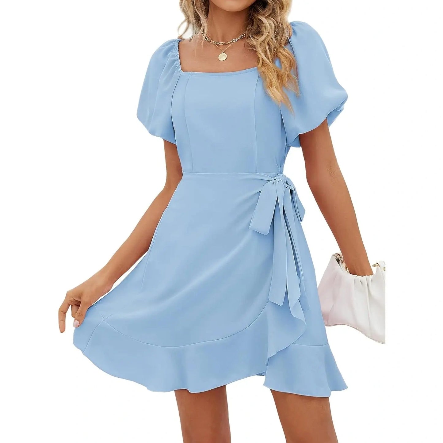 SALAZIA Women‘s Summer Dresses Square Neck Puff Sleeve Tie Waist Short Dresses
