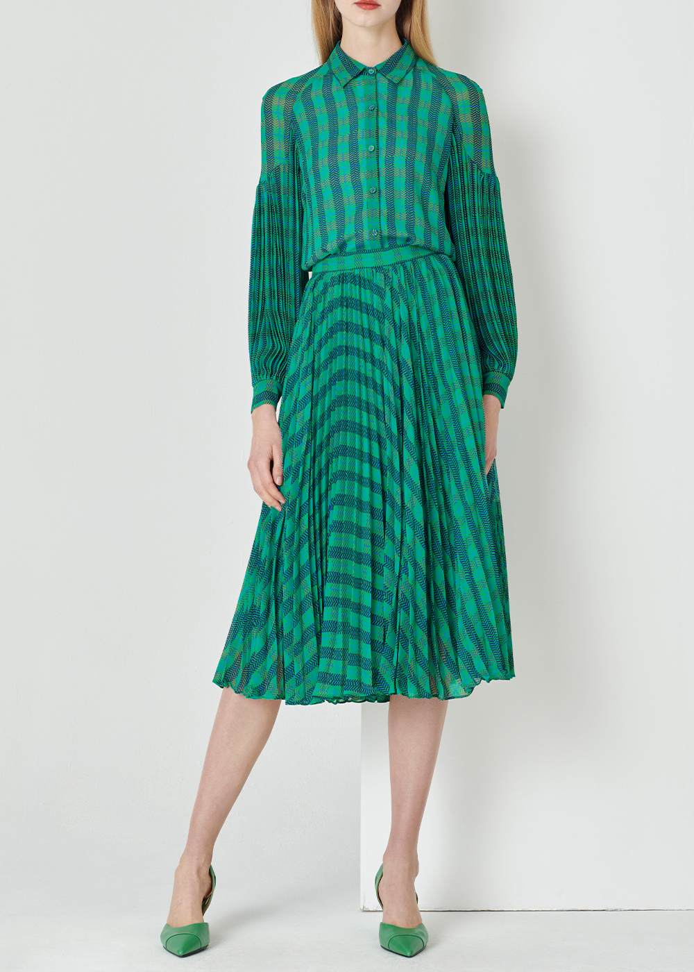SALAZIA Blue-Green Plaid Cropped Blouses