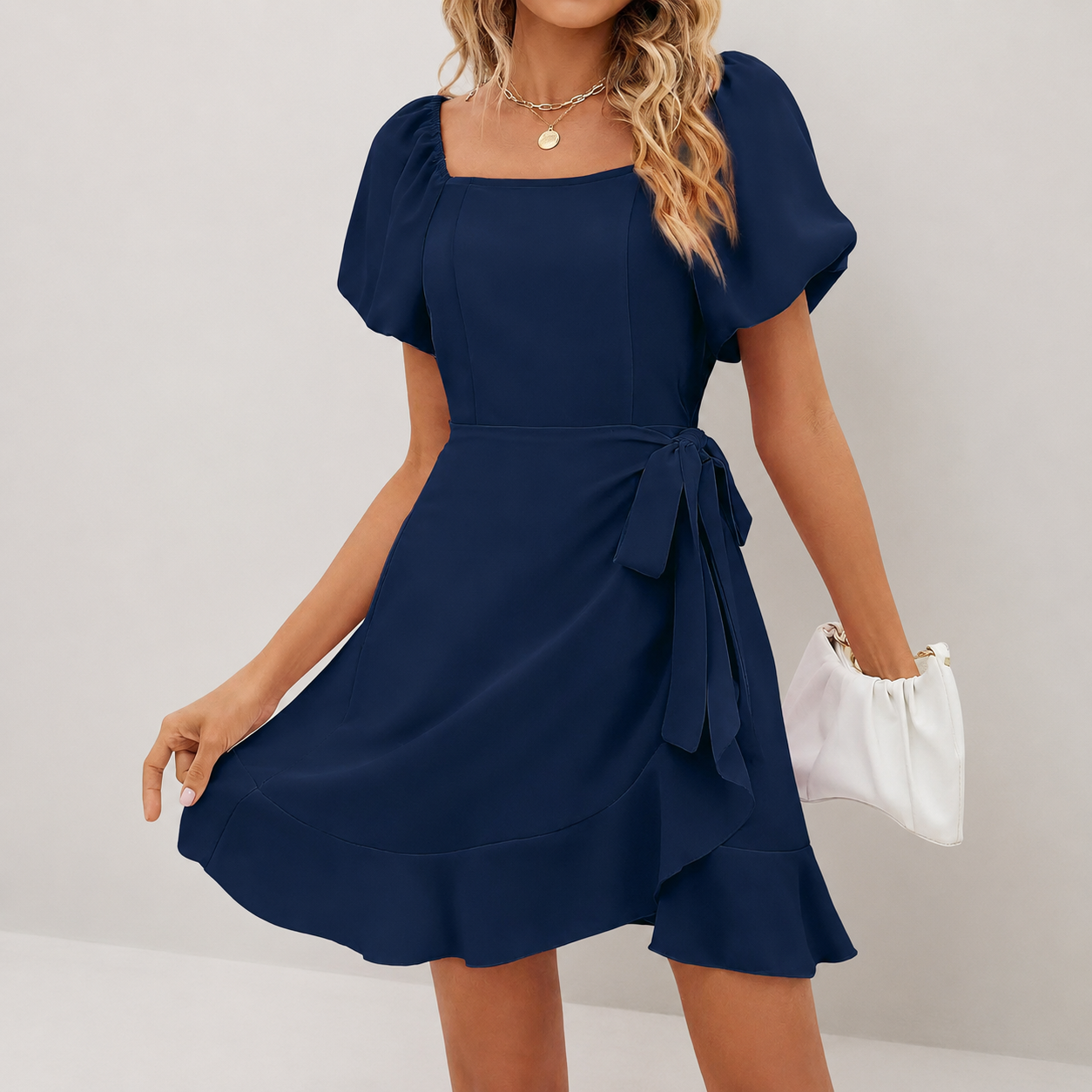 SALAZIA Women‘s Summer Dresses Square Neck Puff Sleeve Tie Waist Short Dresses