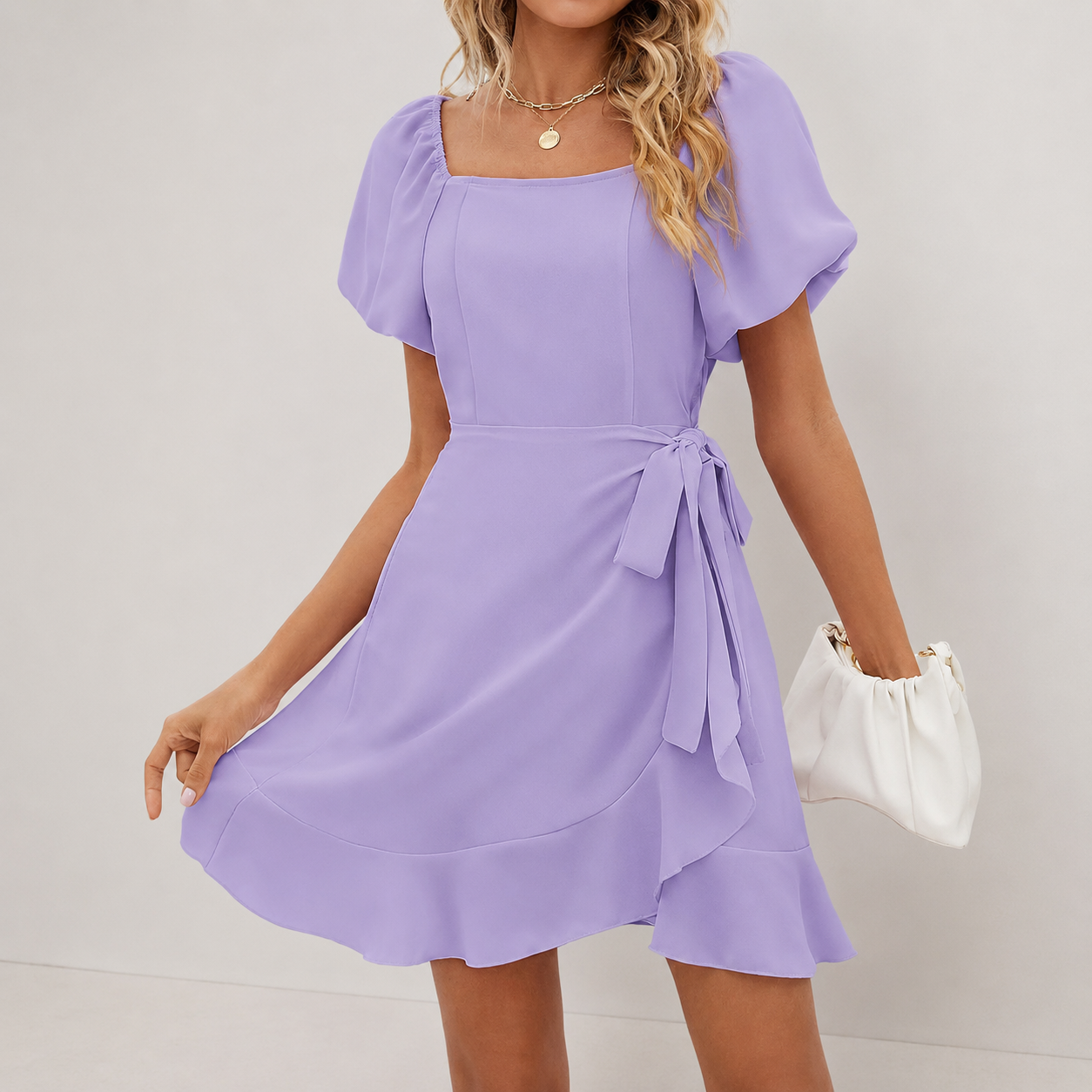 SALAZIA Women‘s Summer Dresses Square Neck Puff Sleeve Tie Waist Short Dresses