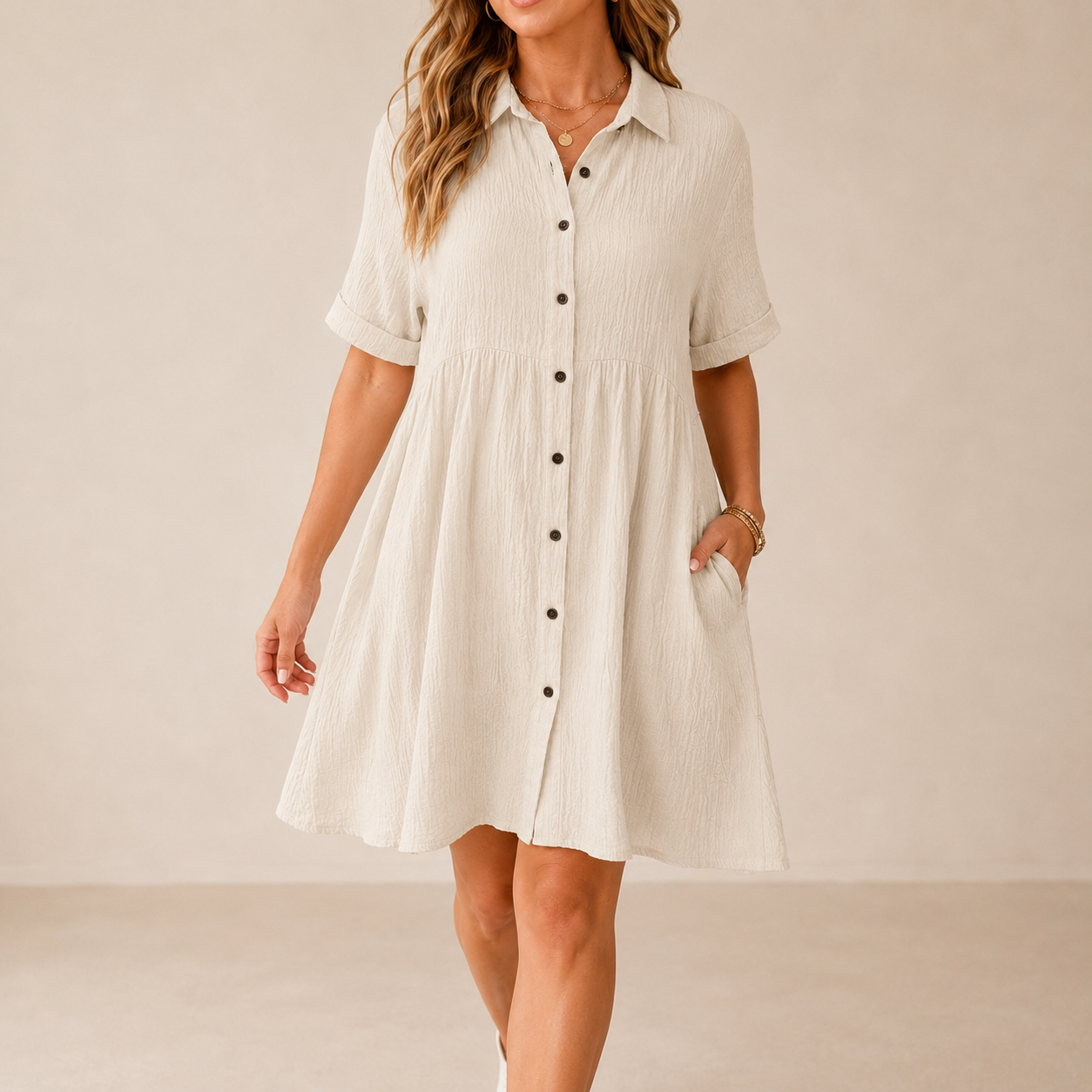 SALAZIA Babydoll Short Sleeve Button Down Loose Mini Dresses