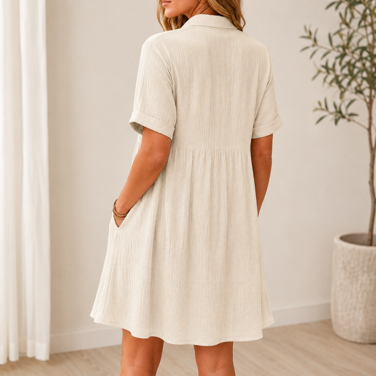SALAZIA Babydoll Short Sleeve Button Down Loose Mini Dresses
