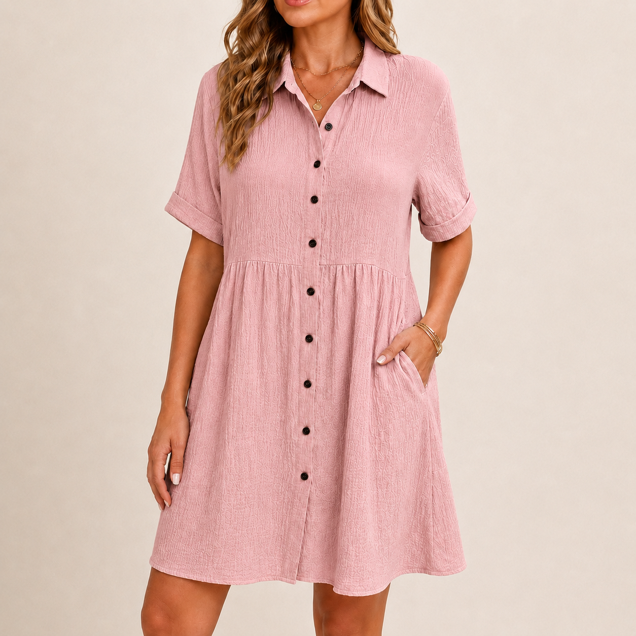 SALAZIA Babydoll Short Sleeve Button Down Loose Mini Dresses