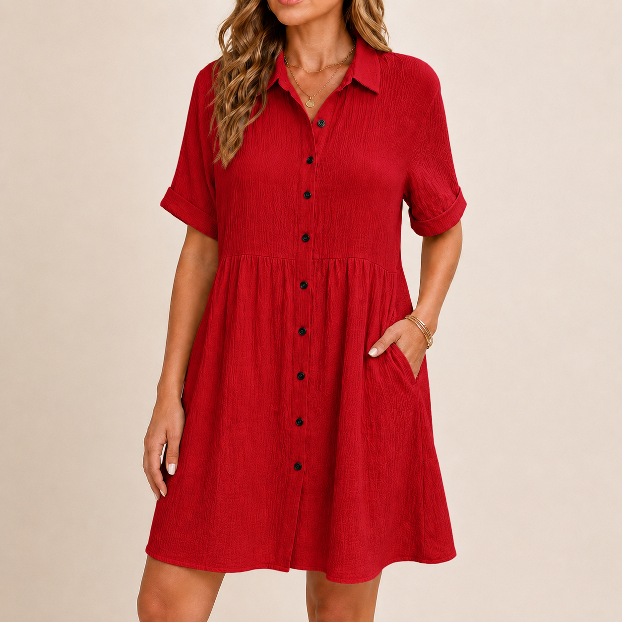 SALAZIA Babydoll Short Sleeve Button Down Loose Mini Dresses