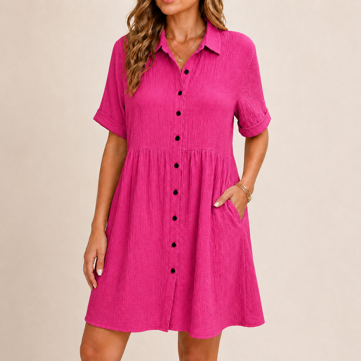 SALAZIA Babydoll Short Sleeve Button Down Loose Mini Dresses
