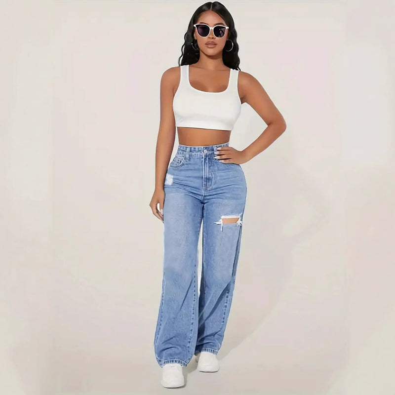 Straight-Leg Wide-Leg Light Blue Distressed Jeans