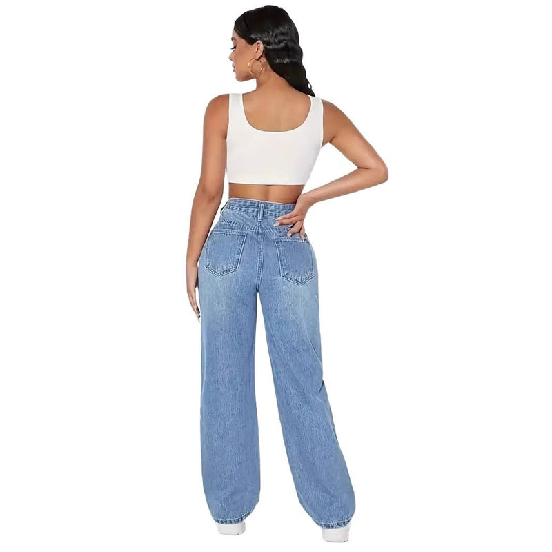 Straight-Leg Wide-Leg Light Blue Distressed Jeans