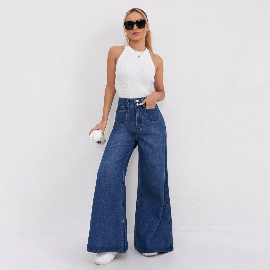 High-waisted wide-leg slimming dark blue jeans