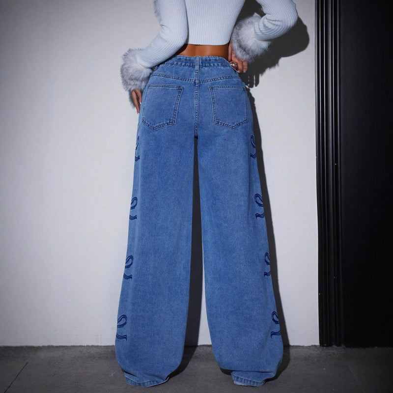Printed Straight-Leg Wide-Leg Jeans