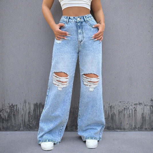 High-Waisted Ripped Straight-Leg Skinny Jeans