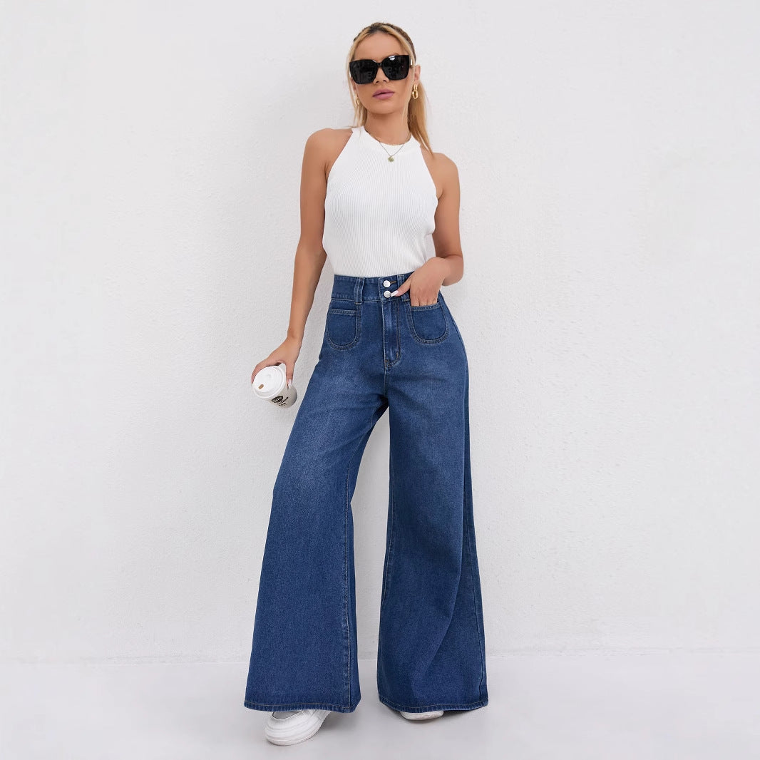 High-waisted wide-leg slimming dark blue jeans