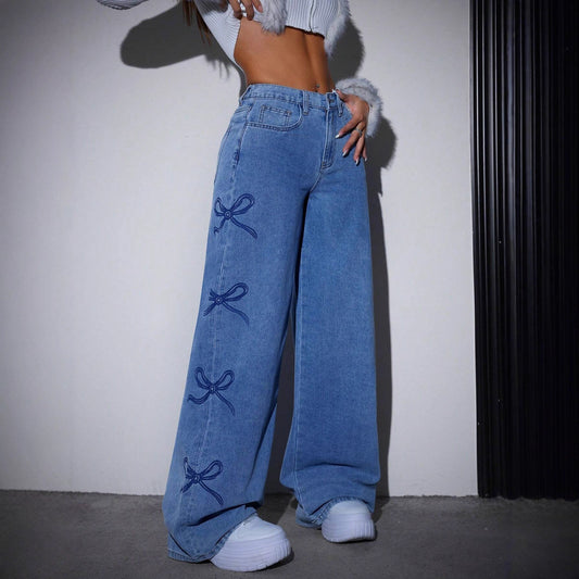 Printed Straight-Leg Wide-Leg Jeans