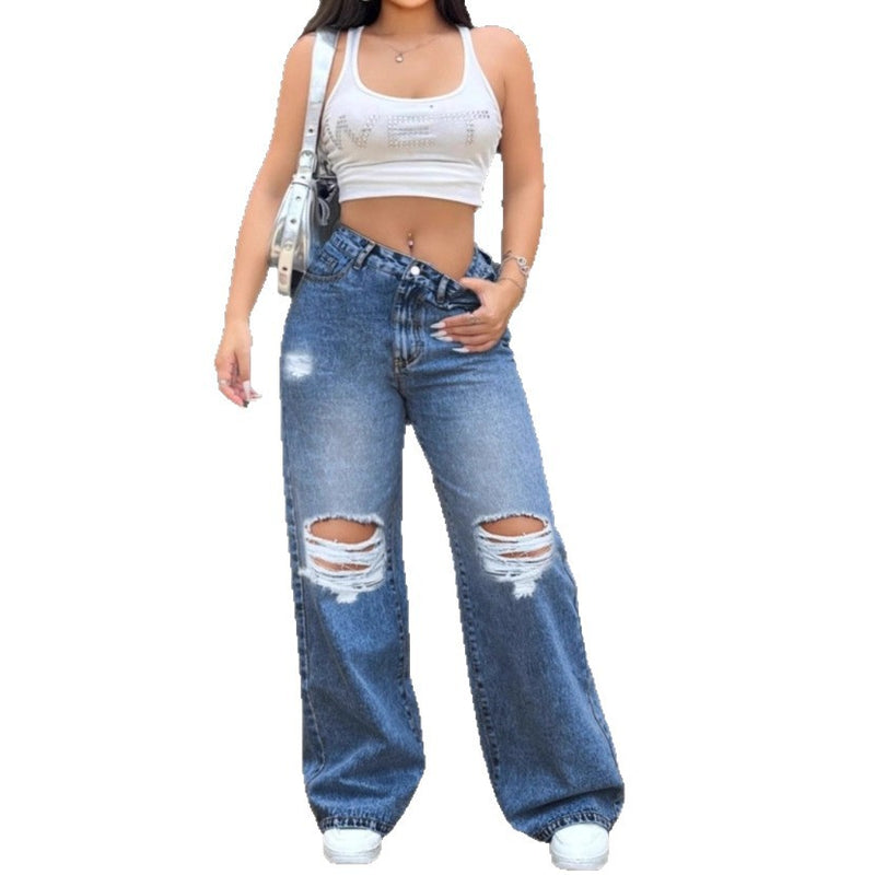 High-Waisted Ripped Straight-Leg Skinny Jeans