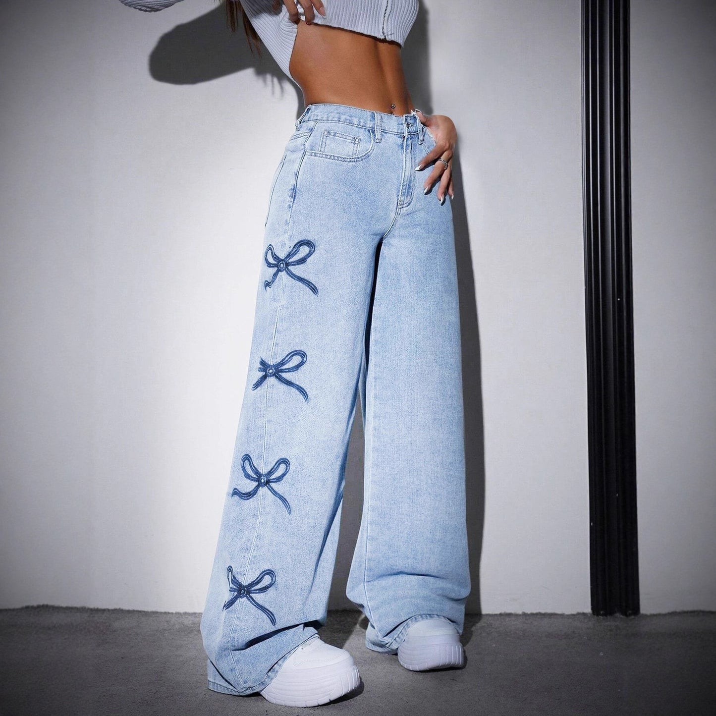 Printed Straight-Leg Wide-Leg Jeans