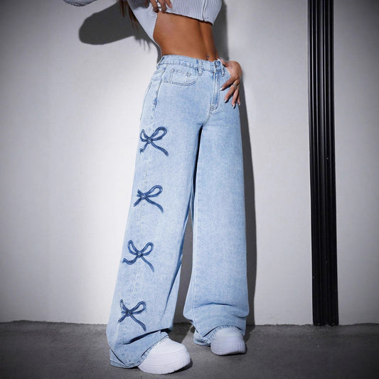 Printed Straight-Leg Wide-Leg Jeans