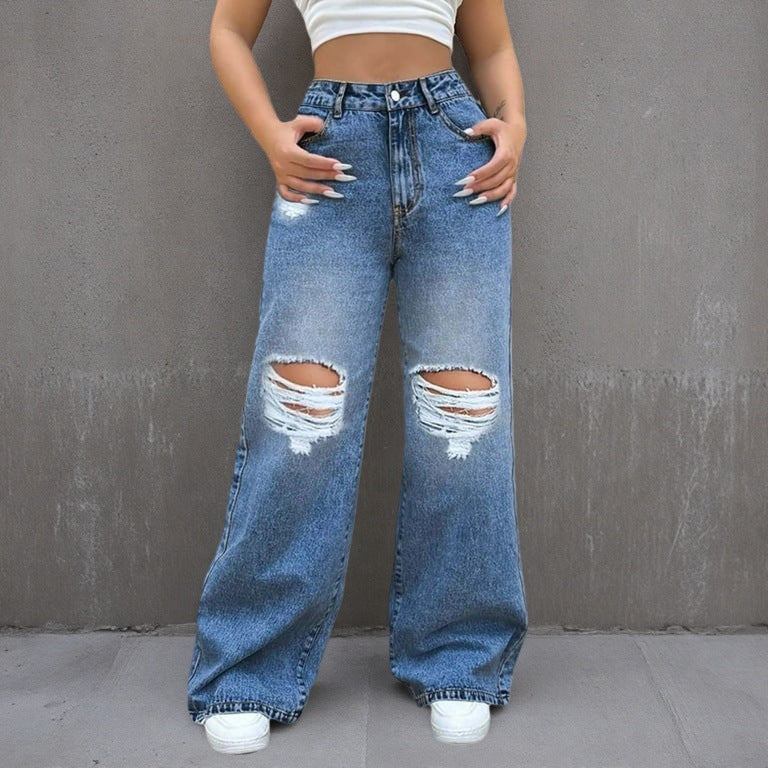 High-Waisted Ripped Straight-Leg Skinny Jeans
