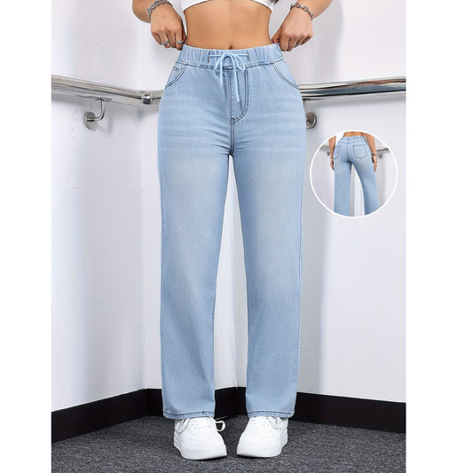Drawstring Elastic Straight-Leg Jeans