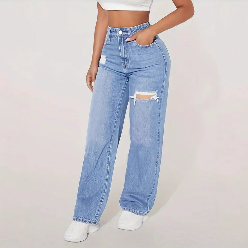 Straight-Leg Wide-Leg Light Blue Distressed Jeans