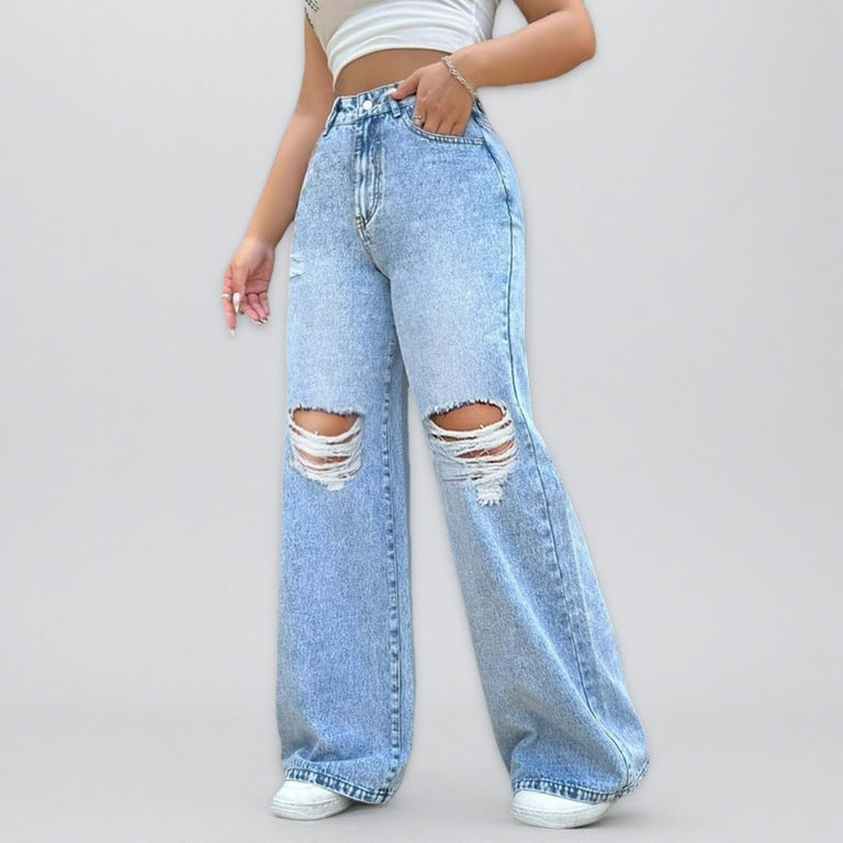 High-Waisted Ripped Straight-Leg Skinny Jeans