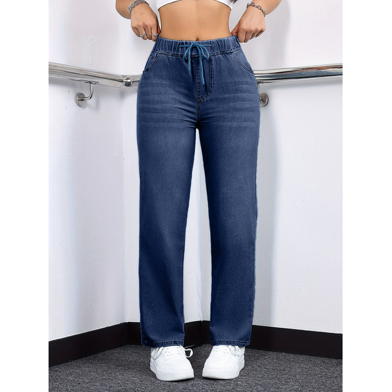 Drawstring Elastic Straight-Leg Jeans