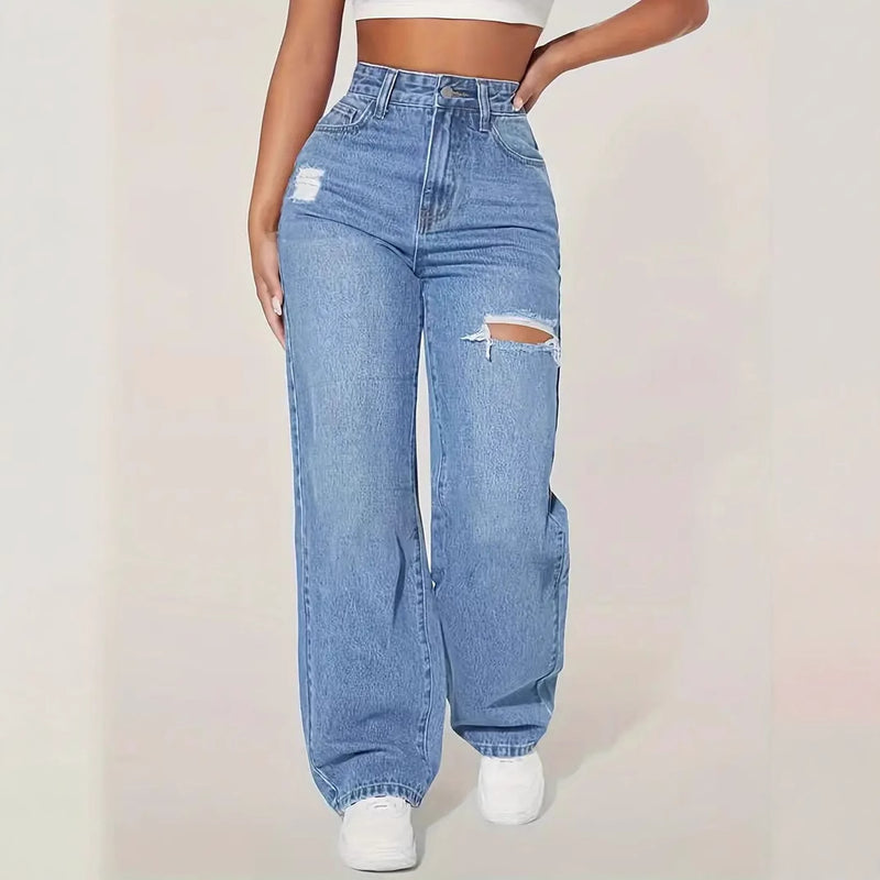 Straight-Leg Wide-Leg Light Blue Distressed Jeans