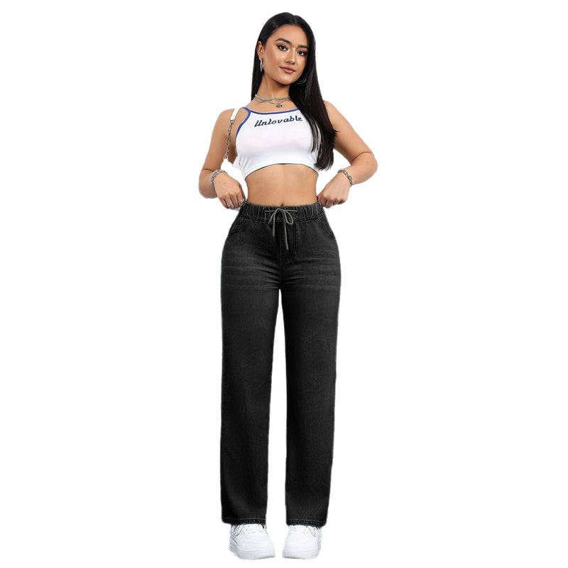 Drawstring Elastic Straight-Leg Jeans