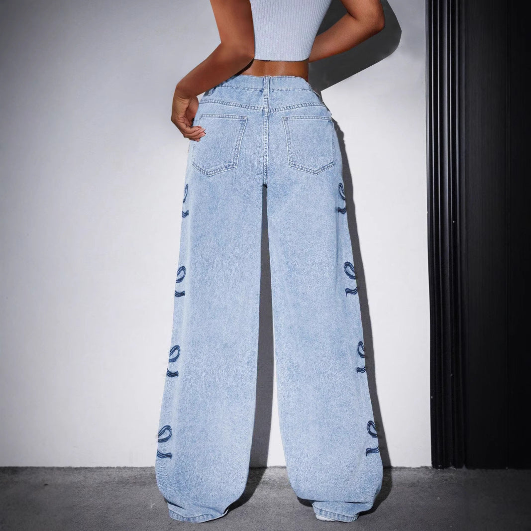 Printed Straight-Leg Wide-Leg Jeans