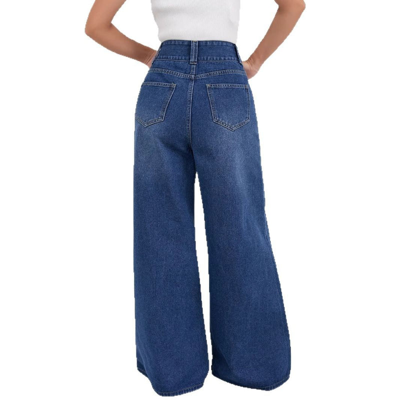 High-waisted wide-leg slimming dark blue jeans