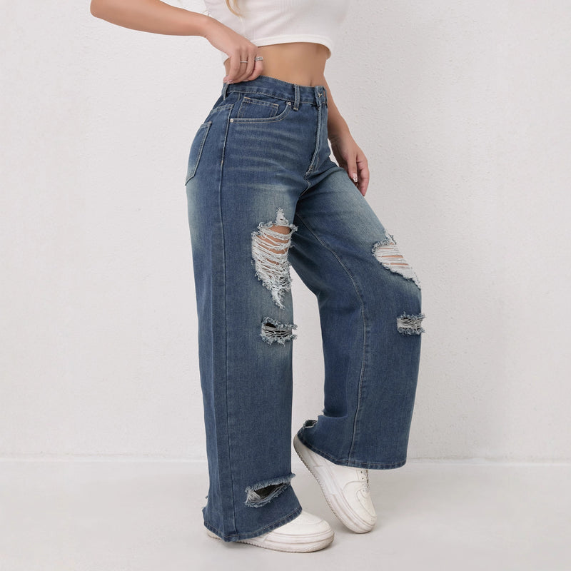 Wide-Leg Relaxed Fit Fashion Ripped Jeans