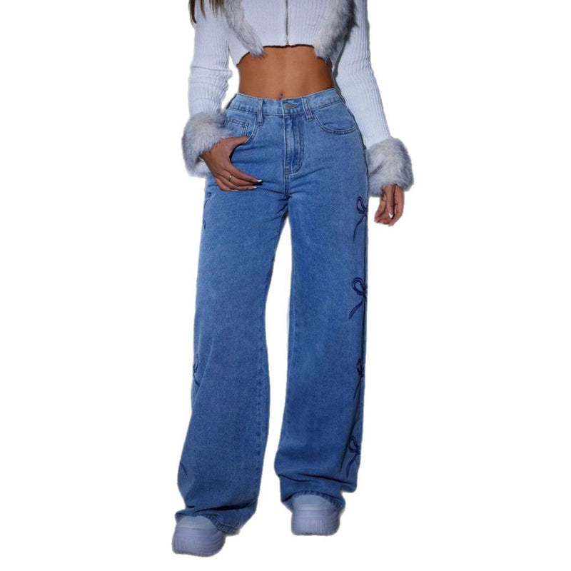 Printed Straight-Leg Wide-Leg Jeans
