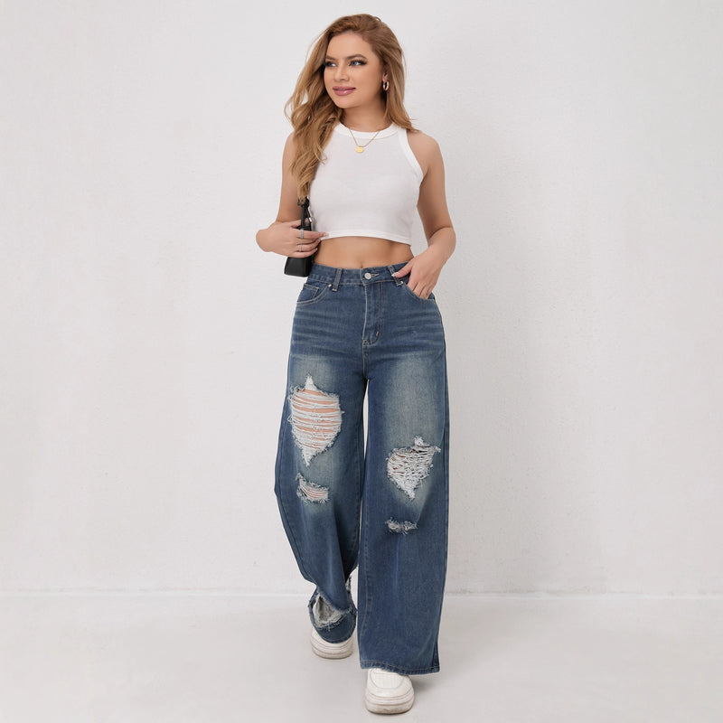 Wide-Leg Relaxed Fit Fashion Ripped Jeans