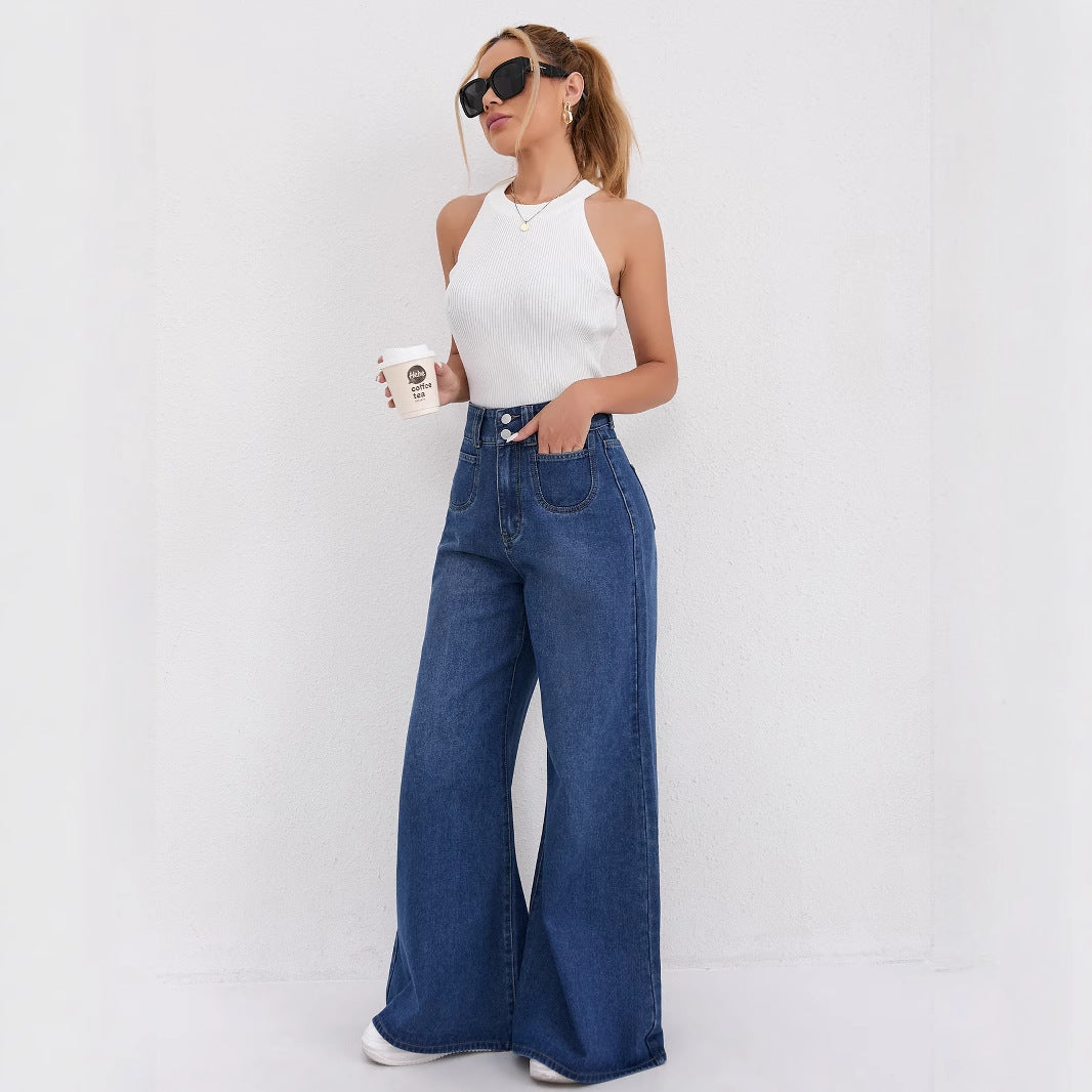 High-waisted wide-leg slimming dark blue jeans