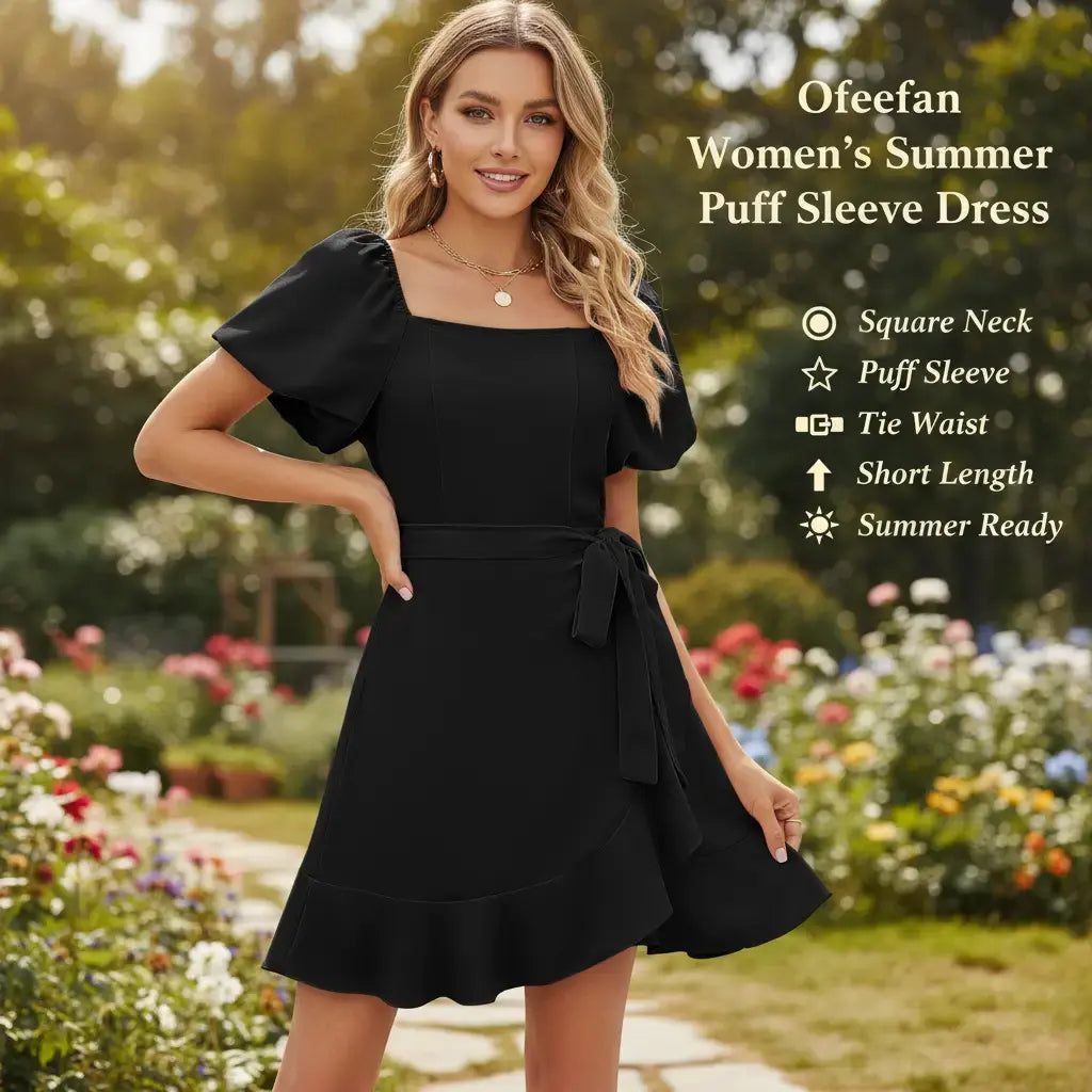 SALAZIA Women‘s Summer Dresses Square Neck Puff Sleeve Tie Waist Short Dresses
