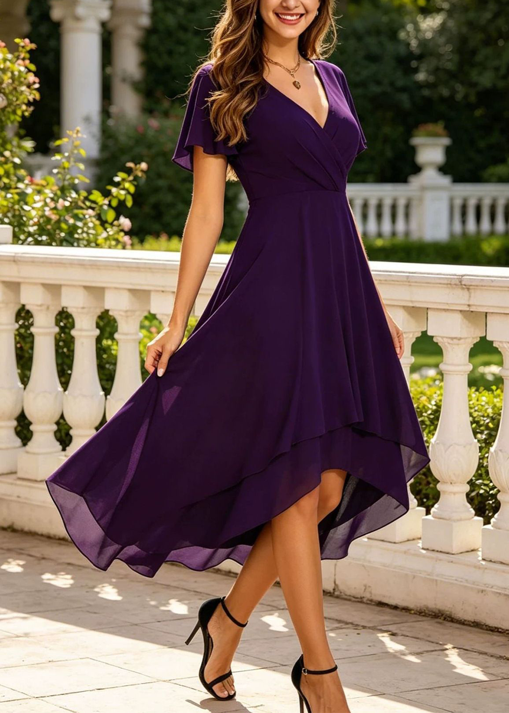 SALAZIA Starlight Ruffle-Sleeve Pleated V-Neck A-Line Midi Dresses