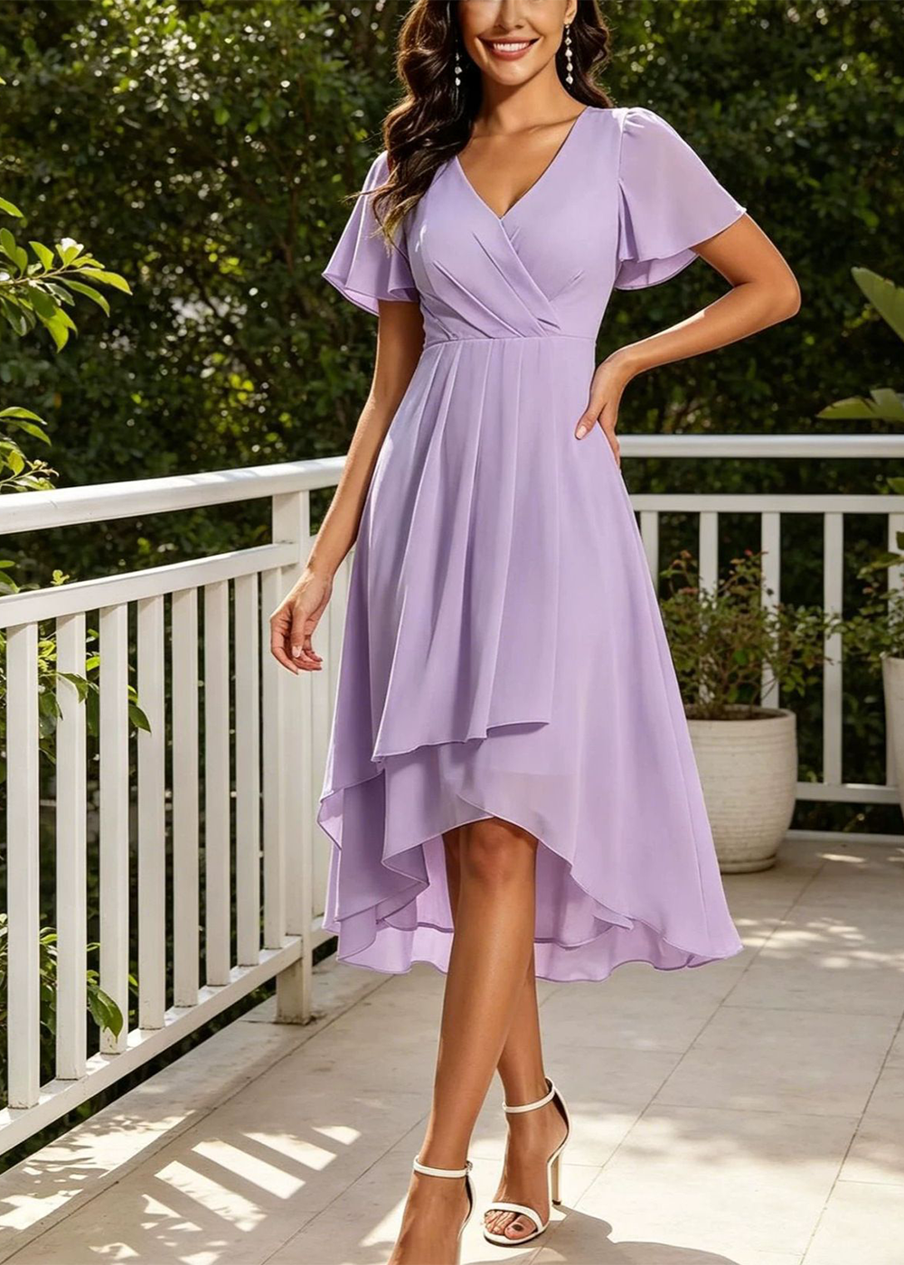 SALAZIA Starlight Ruffle-Sleeve Pleated V-Neck A-Line Midi Dresses