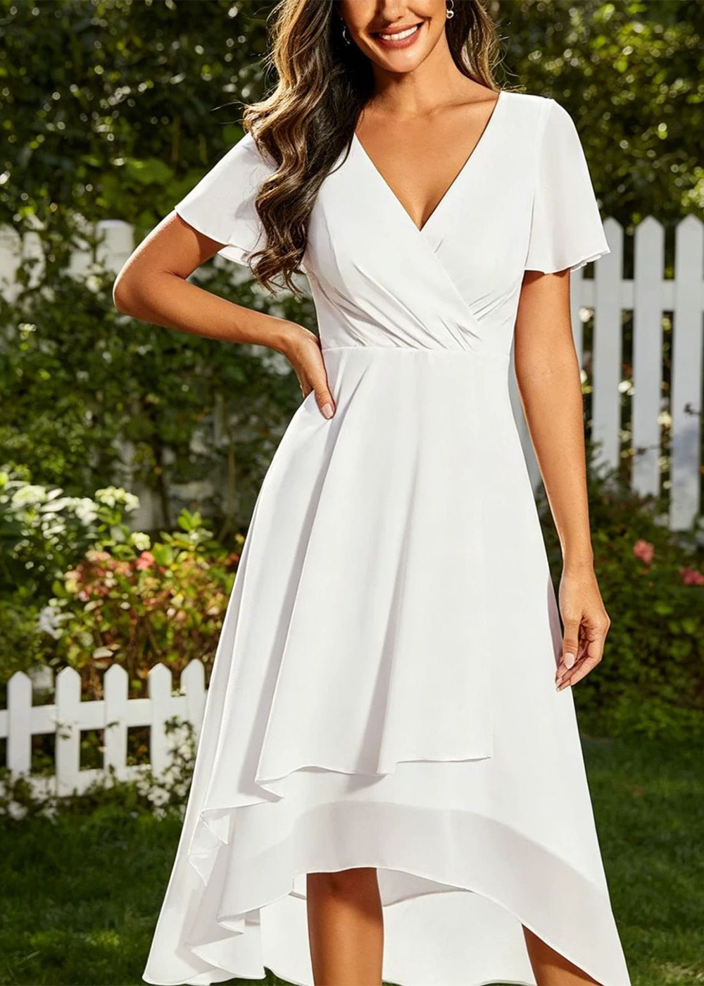 SALAZIA Starlight Ruffle-Sleeve Pleated V-Neck A-Line Midi Dresses