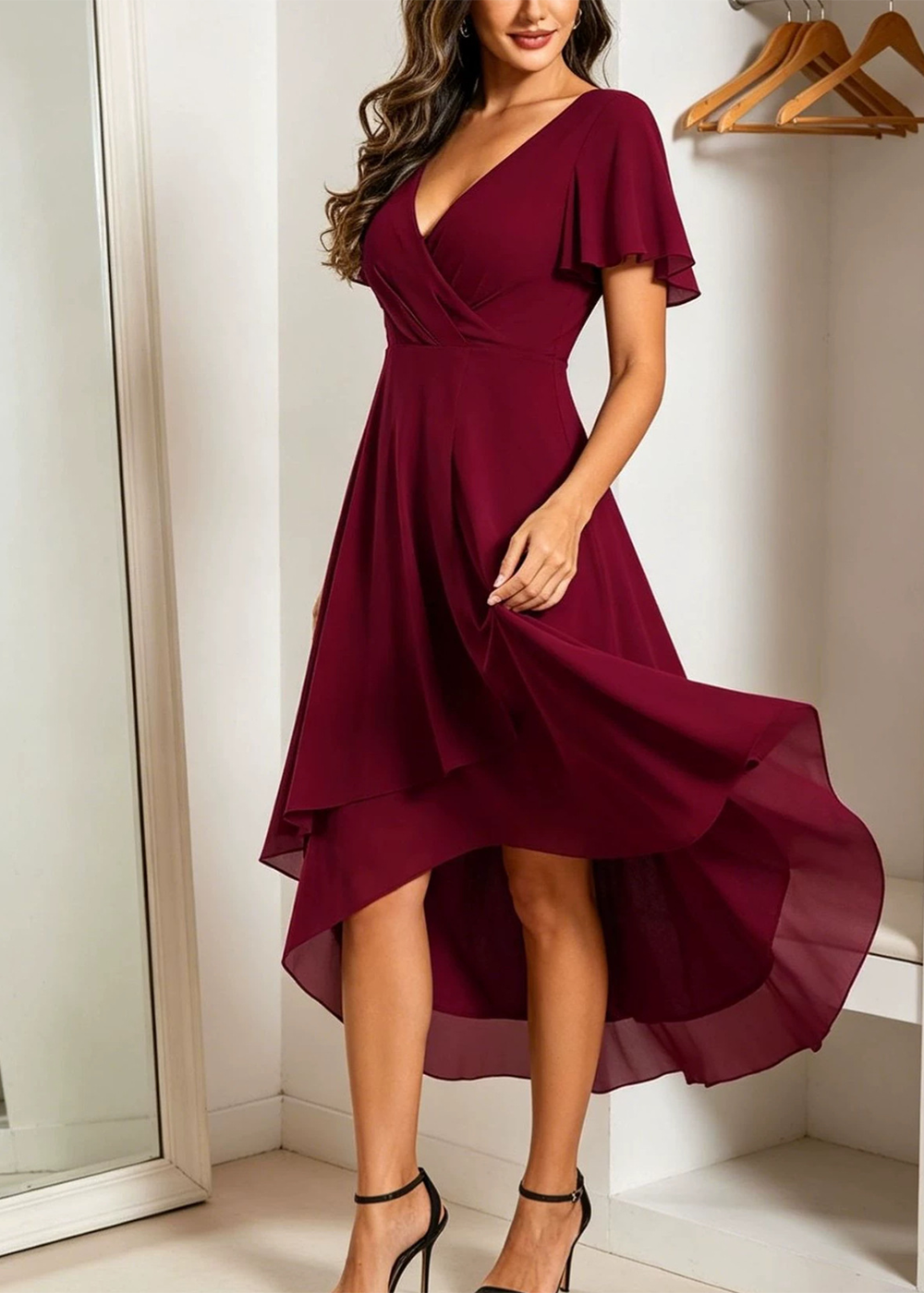 SALAZIA Starlight Ruffle-Sleeve Pleated V-Neck A-Line Midi Dresses