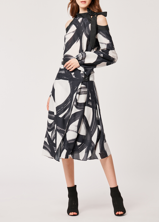 SALAZIA Black-White Brushstroke Silk Dresses