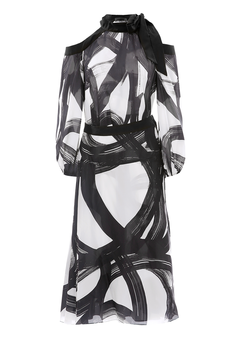 SALAZIA Black-White Brushstroke Silk Dresses