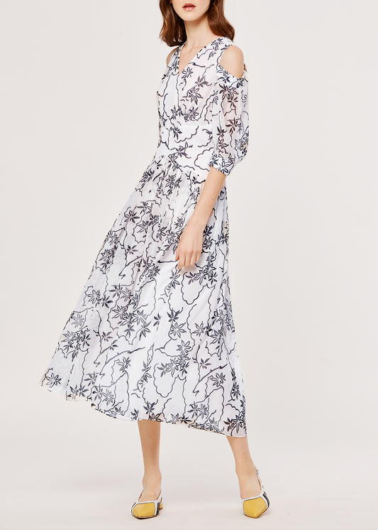 SALAZIA White-Black Line Floral Dresses