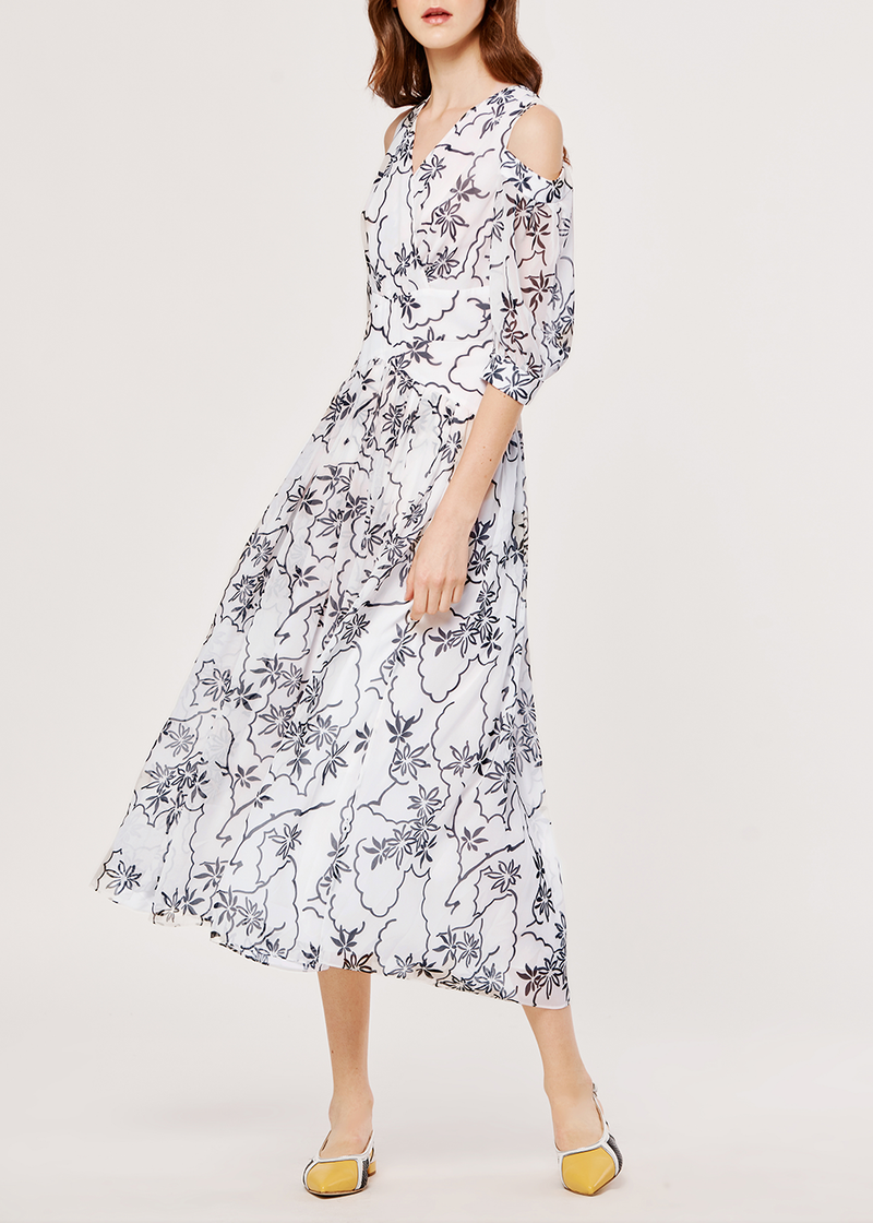 SALAZIA White-Black Line Floral Dresses