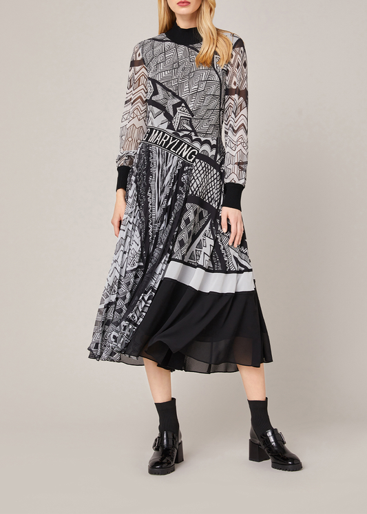 SALAZIA Black-White Wave Print Dresses